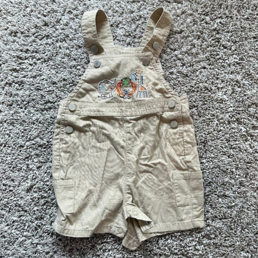 First Moments Overall Shortalls Embroidered Khaki Shorts Jungle Safari Animals‎